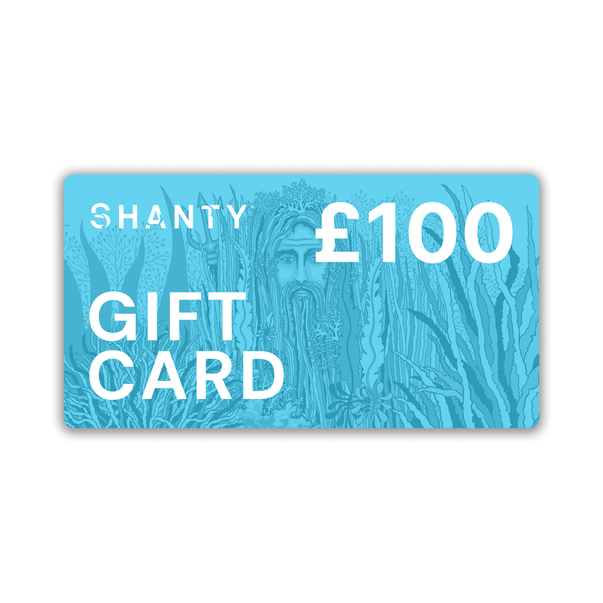 Shanty £100 gift card with blue design on a white background