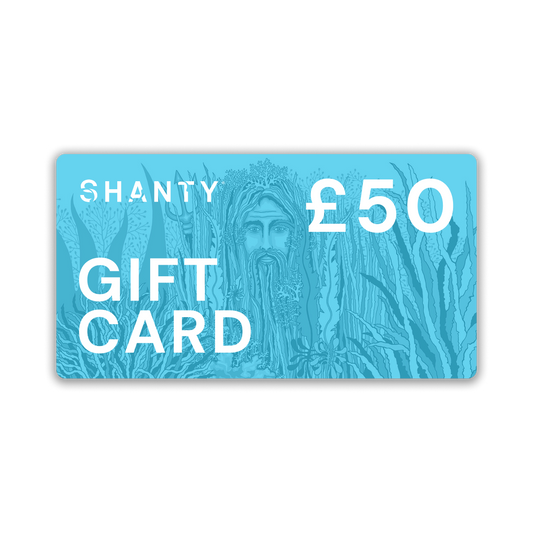 Shanty £50 gift card with blue design and text